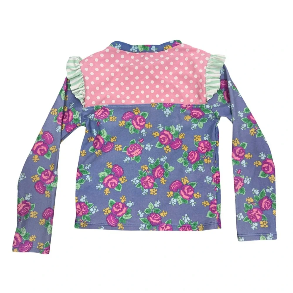 Matilda Jane Girls Floral Polka Dot Rash Guard Swim Top Blue Pink Size 4